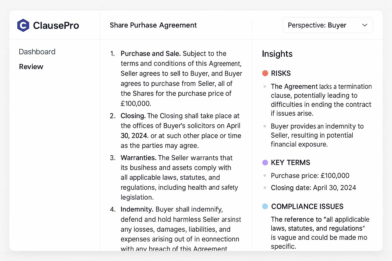 ClausePro contract analysis screenshot